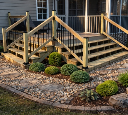 America Landscapes porch steps, river rock, and landscaping project